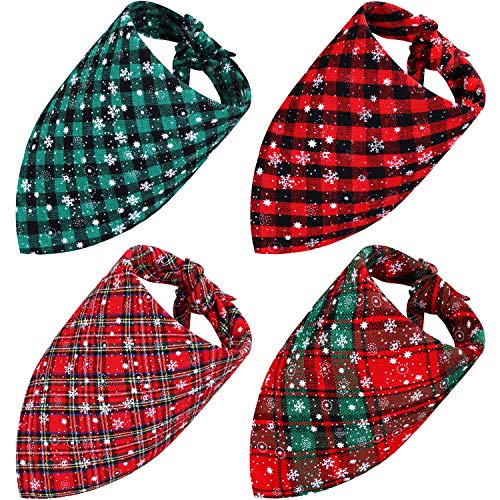 Frienda 4 Pieces Christmas Dog Bandana Pet Plaid Scarf with Snowflake for Dogs Cats Pets Animals (L)