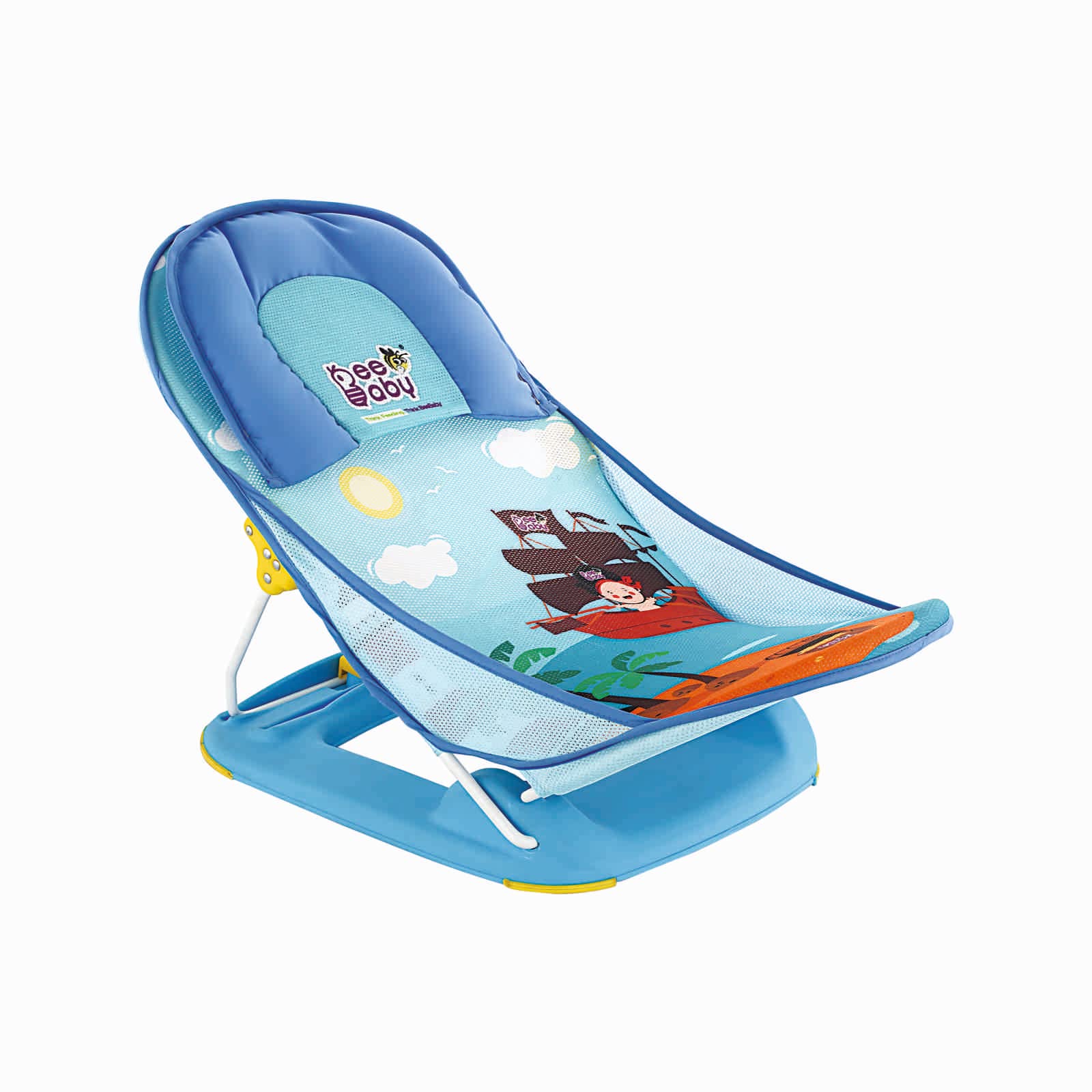 BeeBaby Splish n Splash Baby Bather, Anti Skid Baby Bath Chair for Newborn 0-12 Months, Adjustable Large Seat & Washable Softer Mesh. (Pirate Tales - Blue)