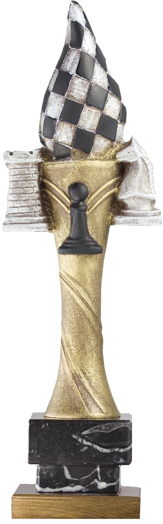 Trofeo de Ajedrez en Resina con Base de Mármol Negro y Madera – Acabado Dorado y Plateado Envejecido – Alturas 35, 33 y 31 cm – Trofeos Mora (35)