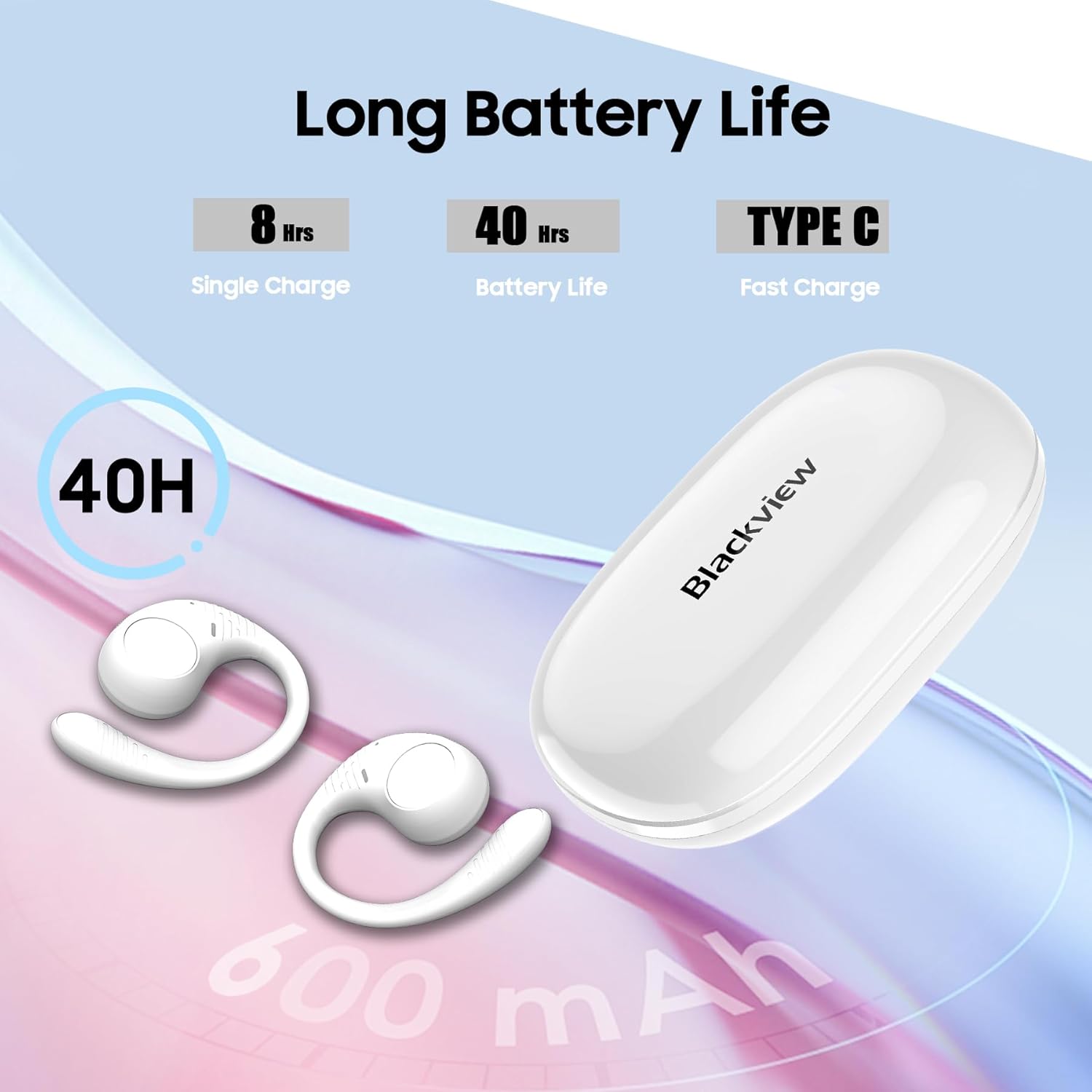 Graphic illustrating battery life and charging time for Blackview ఎయిర్ బడ్స్ 10