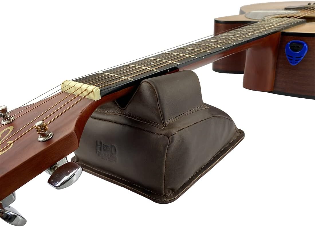 Hide & Drink, Guitar Neck Rest for String Changing, Repair and Cleaning Care Tool for Guitars, Violins, Banjos & Mandolins, Full Grain Leather, Handmade, Bourbon Brown