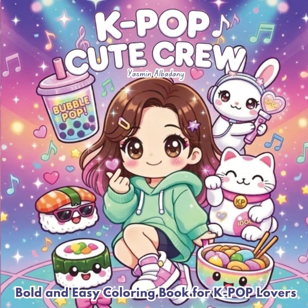 KPOP CUTE CREW: Bold & Easy Coloring Book: Cute & Easy K-Pop Coloring Book Featuring Idol Fashion, Kawaii Food, Music Scenes & Superfan Vibes | Fun, Relaxing Designs for Girls, Kids, Teens & Adults