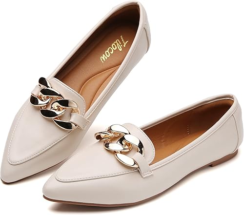 Tilocow Mocasines de cadena de metal para mujer, zapatos planos de punta puntiaguda, cómodos zapatos de trabajo de moda para negocios