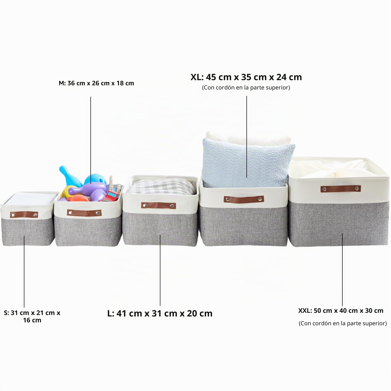 Mangata - Cajas de almacenamiento jumbo de tela, [paquete de 4] cesta de almacenamiento plegable acolchada con asas para estanterías de ropa (XXL, gris/blanco)