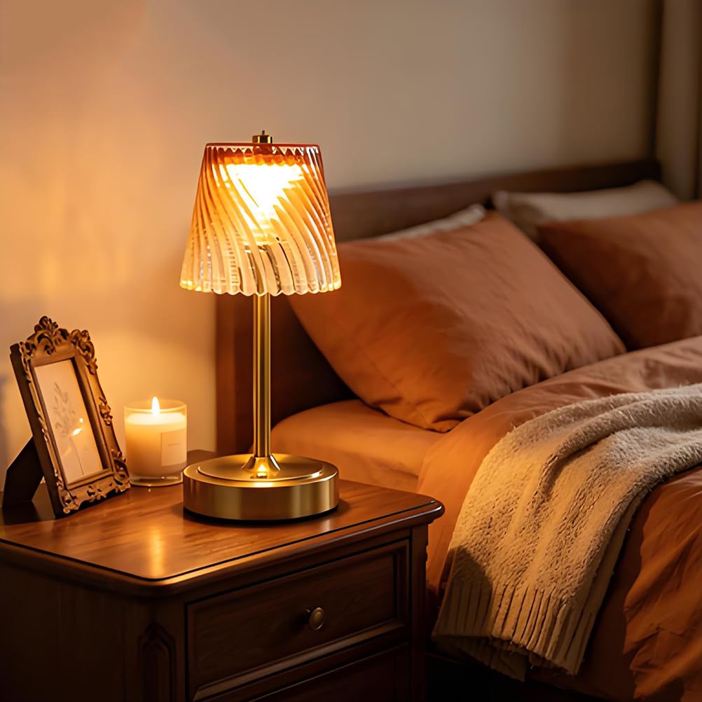 AoLa LED Vintage Tischlampe Kabellos Dimmbar mit Touch Control Akku Tischleuchte Gold USB Aufladbar Nachttischlampe Ohne Kabel Batterie Lampe mit Glas Lampenschirm Deko Lampe für Esszimmer Bartheke,G