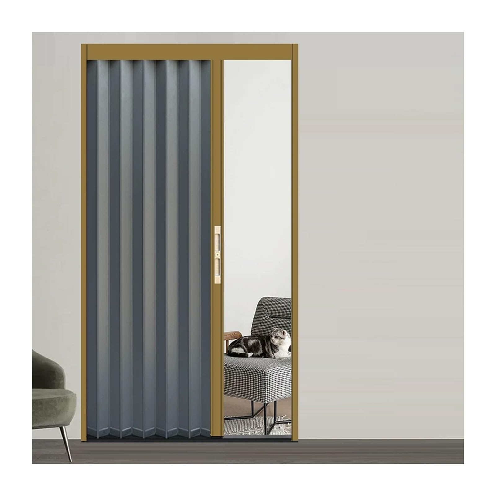 Kphymod Champagne Frame Aluminum Retractable Folding Door, Space Saving Ultra Low Track Accordion Room Partition For Kitchen Shower Bedroom Separator(,82.6X198cm)