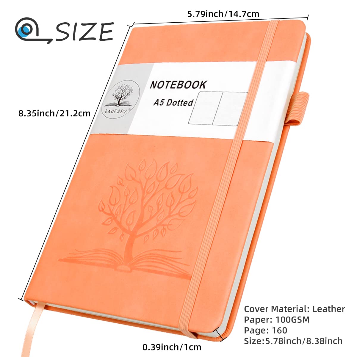 Daofary Gepunktetes Tagebuch-Notizbuch mit Stifthalter, A5 Punktraster Notizbuch mit 160 Seiten, 100 g/m² dickes Papier, Hardcover gepunktetes Tagebuch mit Tasche, 21,3 x 14,5 cm (Rosa)