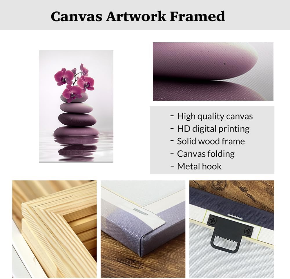 ZXHYWYM Zen Wall Art Stones Picture Orchid Canvas Painting Pink Zen Water Prints Spa Bathroom Decor Meditation Yoga Room Office Home Framed (24" x 36")