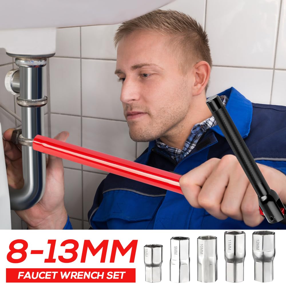 XIAQICA Clé Pour Robinet D’Évier 13 Mm + 5 Adaptateurs 8-12 Mm – Outil D’Installation Robinet En Acier, Précis & Durable