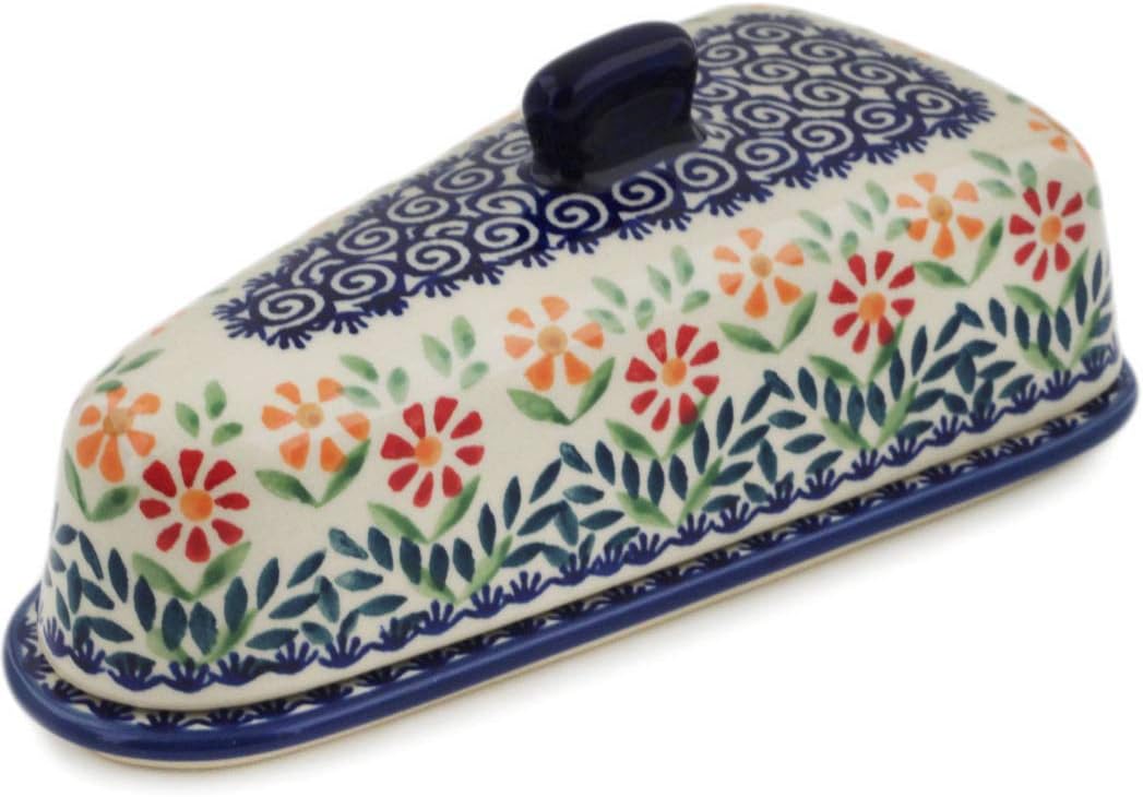 Polmedia Polish Pottery Cheese Dish - Wave Of Flowers Pattern Handmade in Boleslawiec Poland + Certificate of Authenticity
