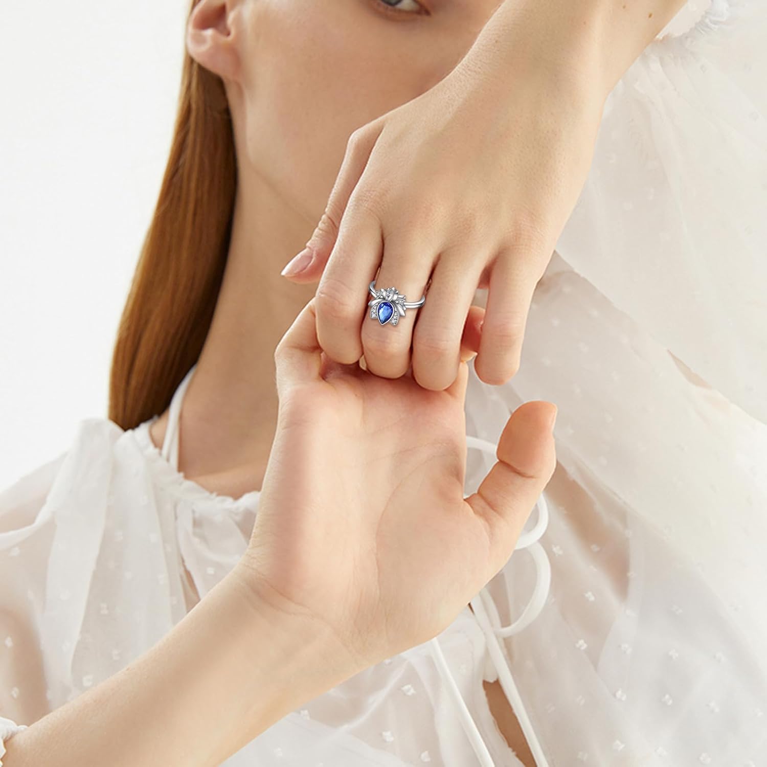 AOBOCO Lotus Urn Ring Jewelry for Ashes for Women Sterling Silver with Sapphire Blue Crystal