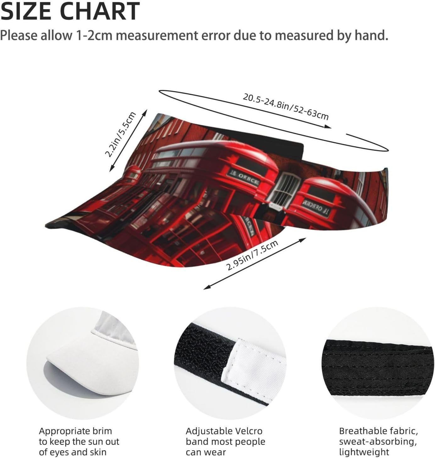 Red London Street Print Sports Sun Visor Hats Adjustable Running Golf Tennis Sun Cap for Women Men