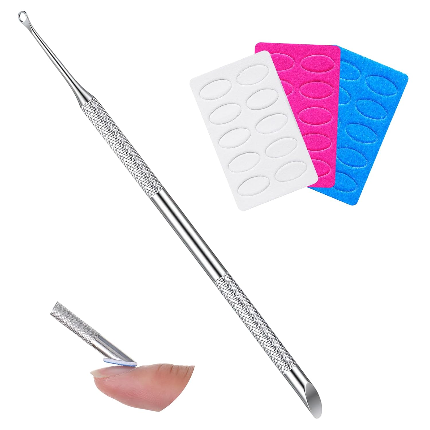 Loop Cuticle Pusher, Pre-treatment Metal Cuticle Pusher, Pre-Treatment Bevel Remover Pushers with Loop Russian Prep Nail Pushers with 100#/150# 180 Grit Sandpaper Sheets, Nail Care for Manicure