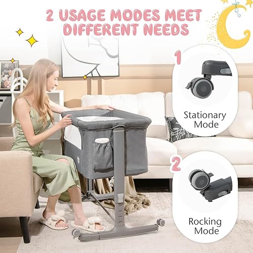 Miniatura 4 de BABY JOY Moisés de noche de moisés cuna plegable 3 en 1 con altura ajustable colchón ruedas con bloqueo bolsillo de almacenamiento y bolsa de