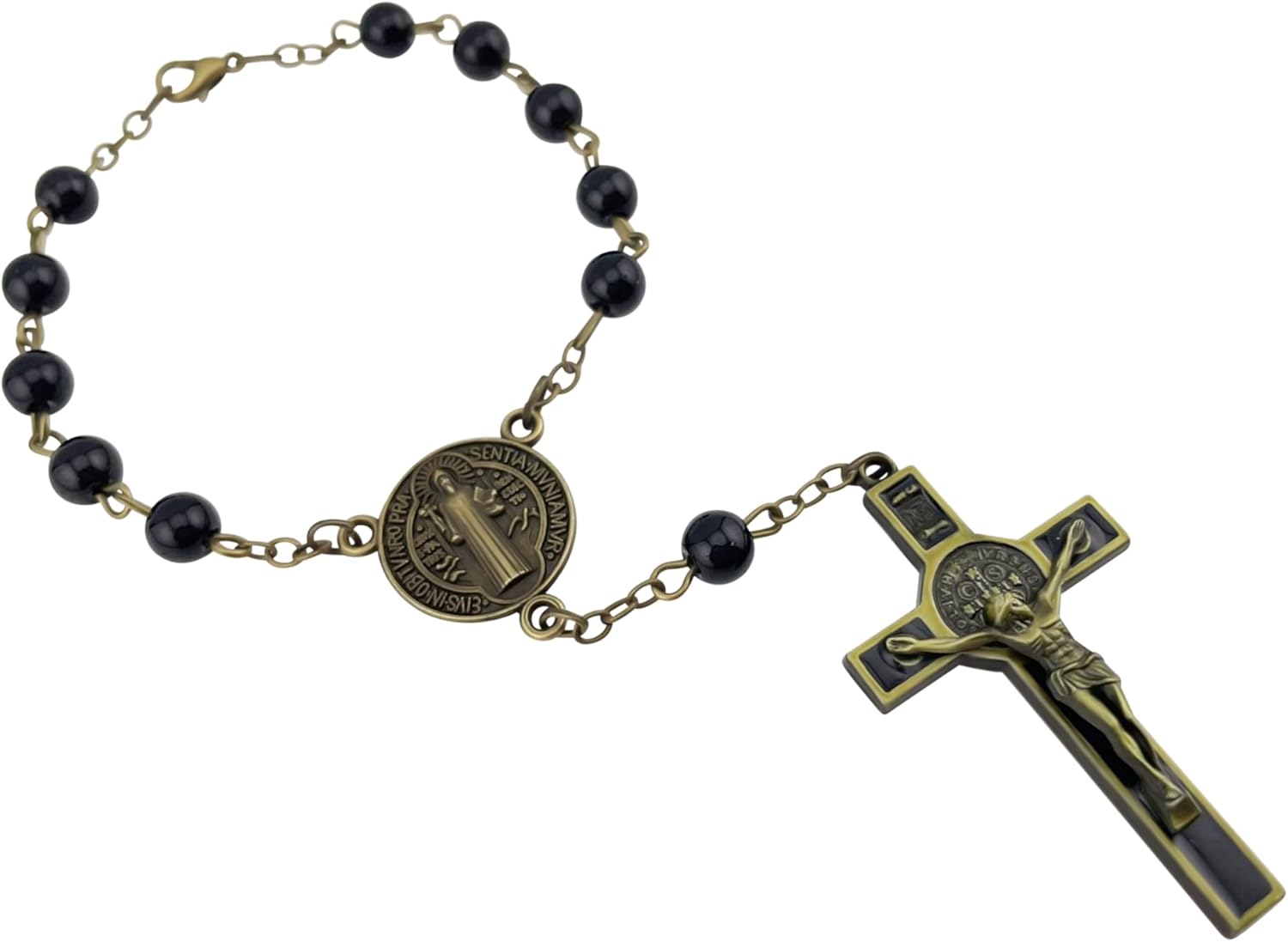 Catholic One Decade Car Rosary for Rear-View Mirror Bronze Auto Rosary Black Glass Beads St Benedict Centerpiece Religious Gift Car Truck Travel Protection - Image 6