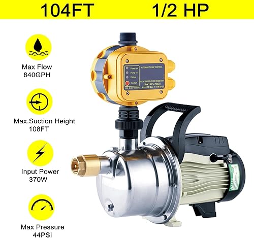Miniatura 5 de Bomba de refuerzo de agua para el hogar de 1/2 HP Bomba de estanque de jardín de agua de riego Bomba de pozo poco profundo Bomba de chorro