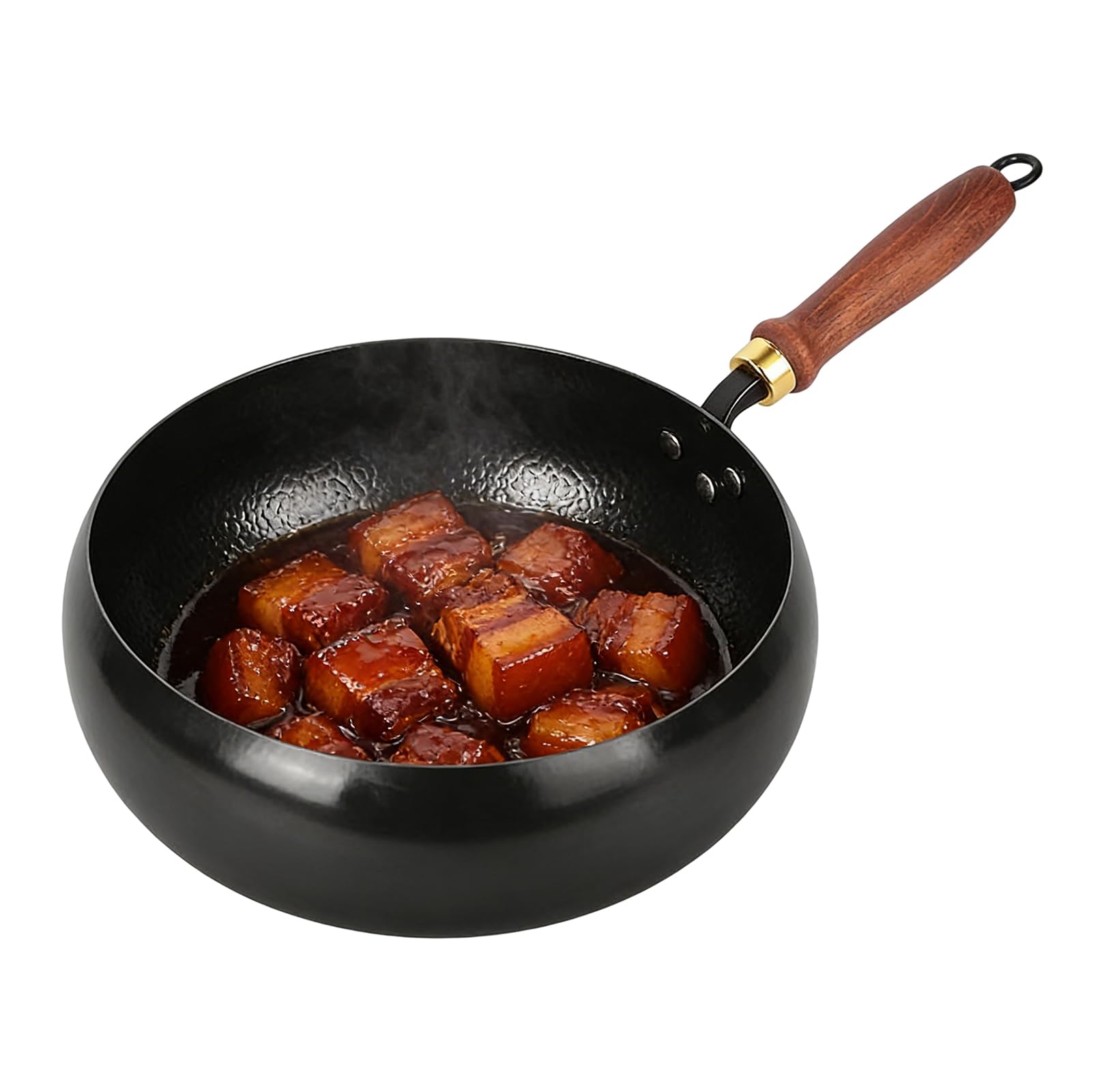 Wok en fonte forgée à la main 26 cm avec manche en bois pour cuisinière à