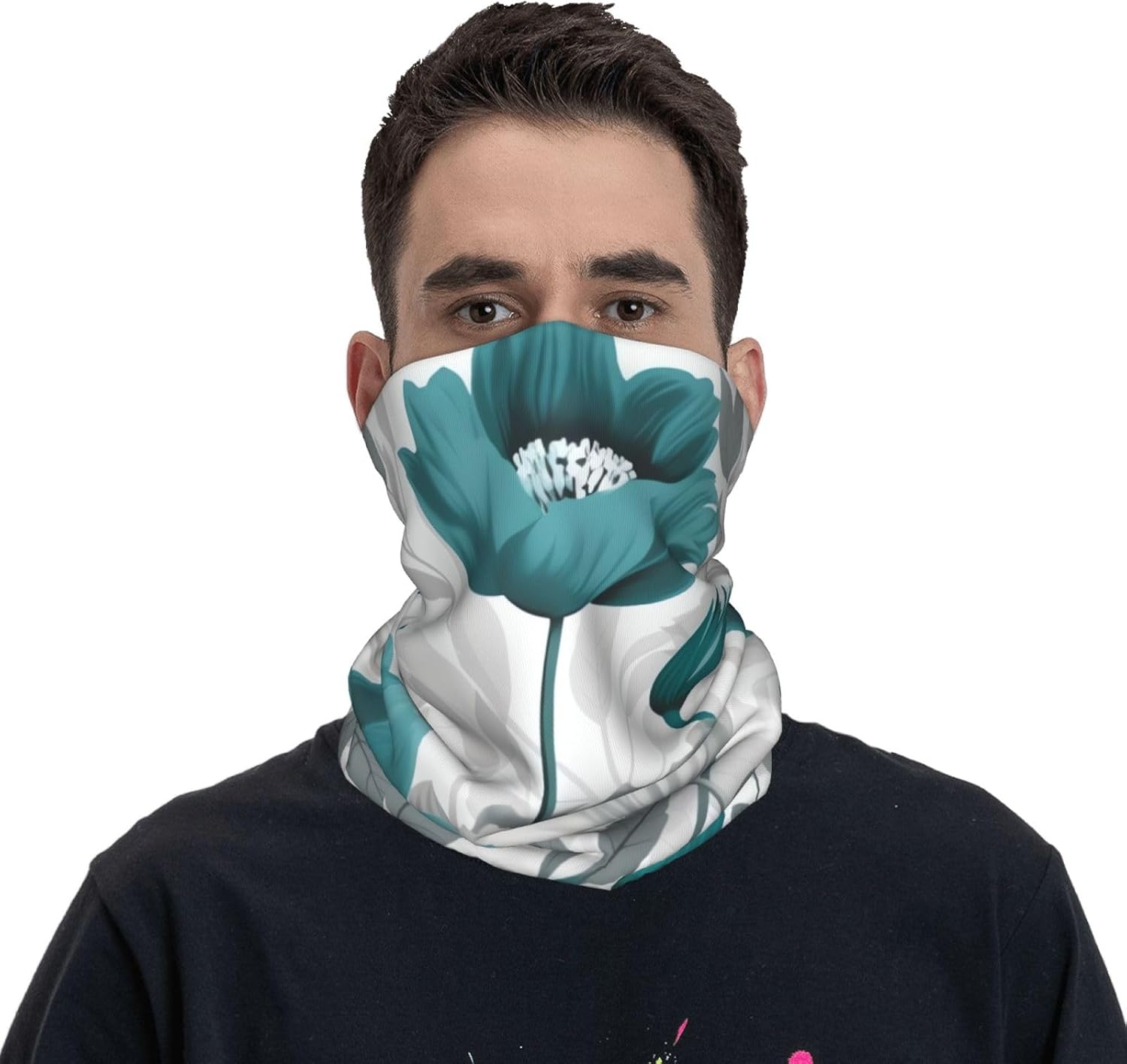 Teal Grey and White Floral Neck Gaiter UV Sun Protection Face Mask Scarf Cooling Breathable Face Cover for Men Women Elastic Balaclavas Versatile Bandana, Sun & Wind-proof for Skiing Hiking