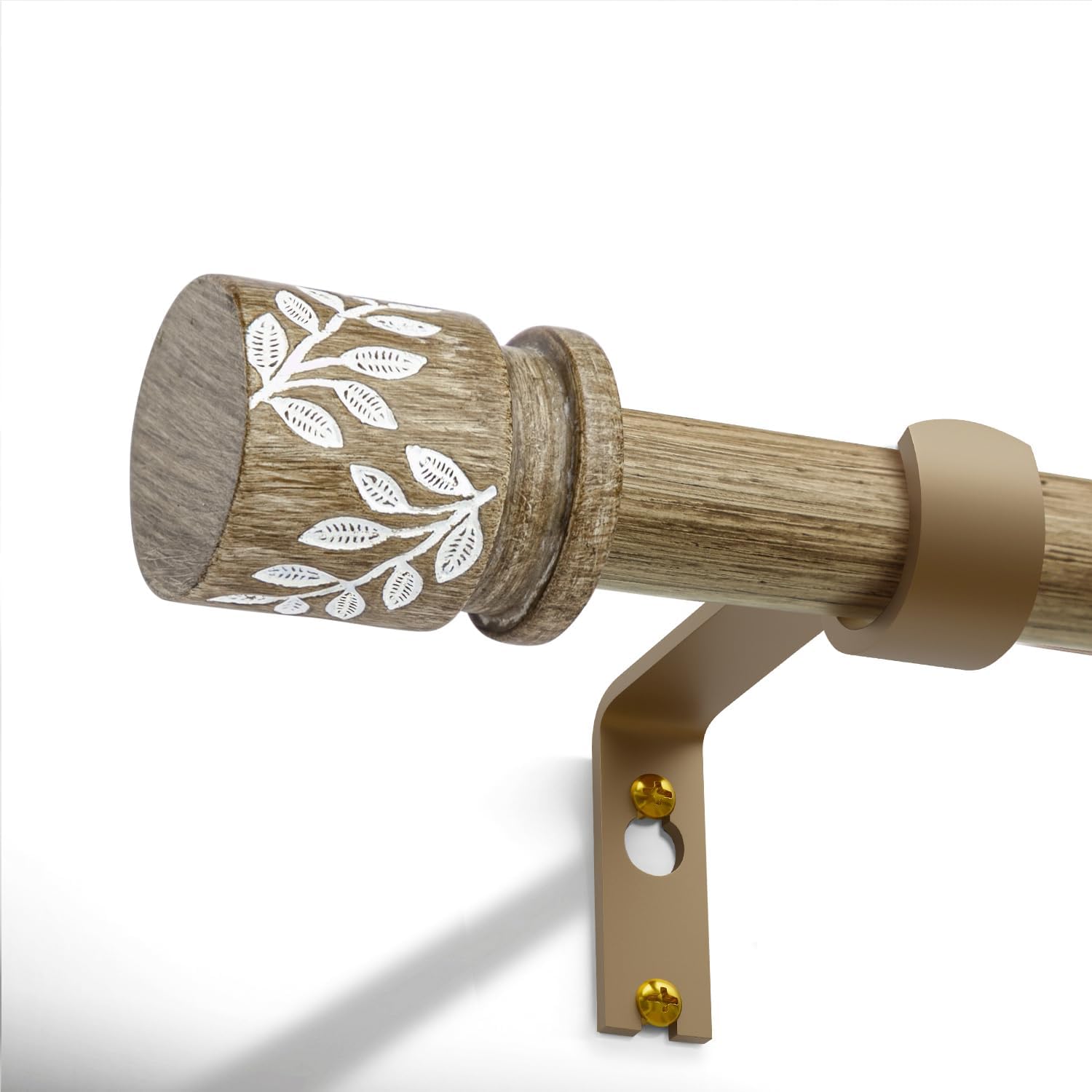 Weathered Wood Curtain Rods for Windows 72 to 144 inch Boho Decorative Handmade Wood Grain Drapery Rods with Leaf Finial 1" Adjustable Heavy Duty Curtain rod for Living Room Bedroom Kitchen