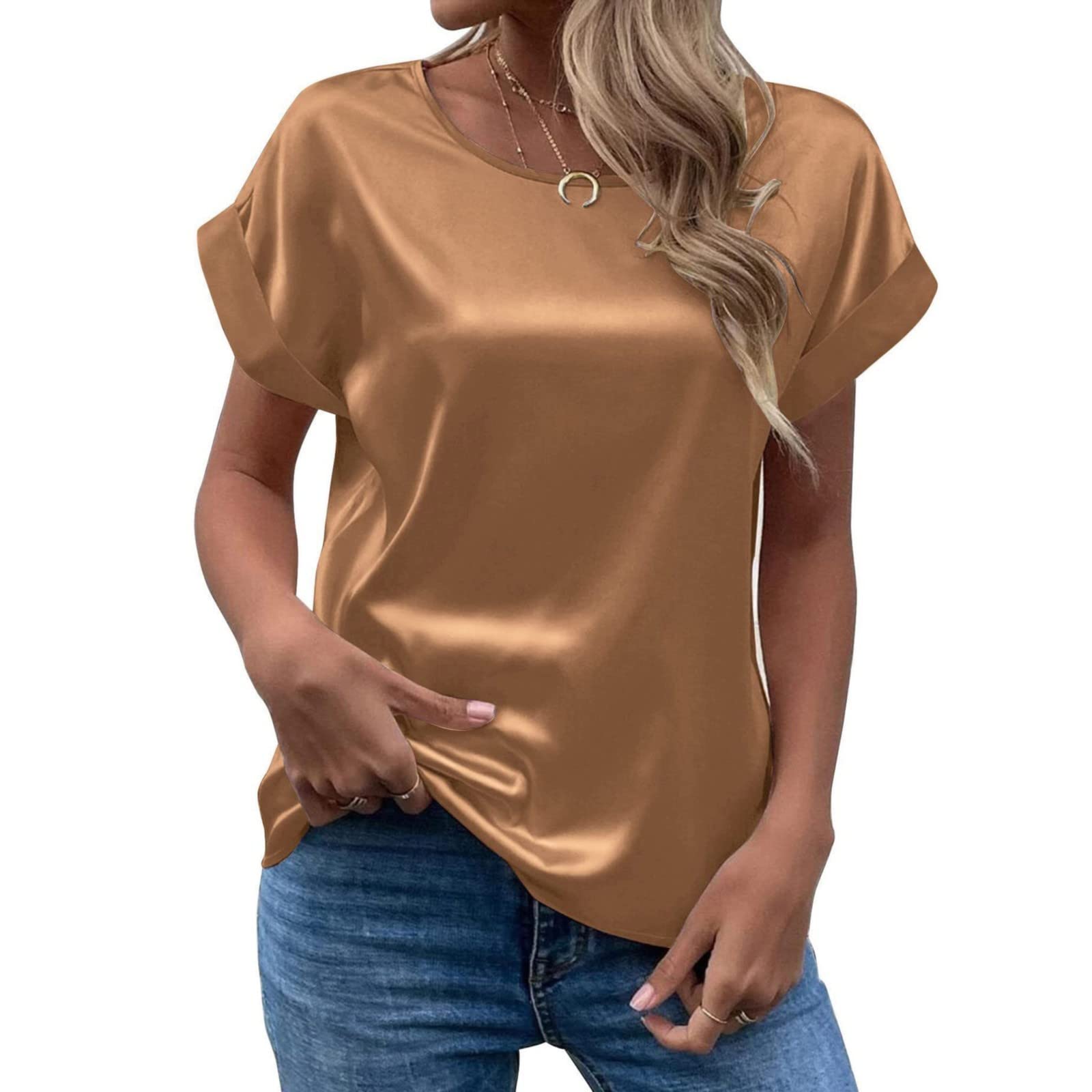 Women's Short Sleeve Satin Blouses Casual Loose Crewneck Silk Shirts Roll Up Sleeve Tunic Tops S-XXL(Khaki,Large)