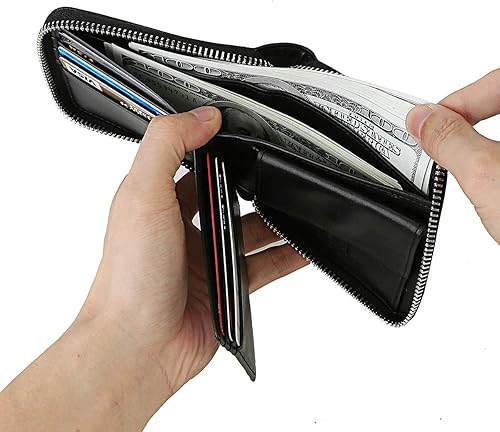 Miniatura 5 de Carteras delgadas con cremallera para hombres RFID de cuero para hombre, tarjetero plegable con cremallera alrededor de la cartera con bolsillo para