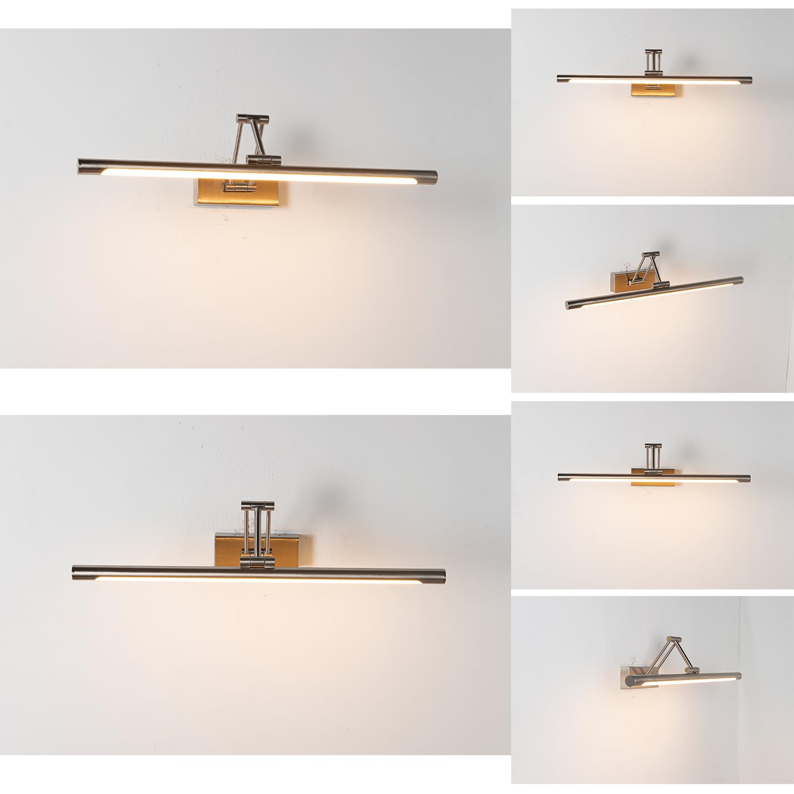 Alpinaluz Aplique LED para Cuadros 60 cm 12W en Aluminio Color Níquel con Brazo Doble Articulado Orientable en 3 Ejes, Luz Cálida 2800K, Diseño Moderno Elegante para Iluminación Interior en Estudio