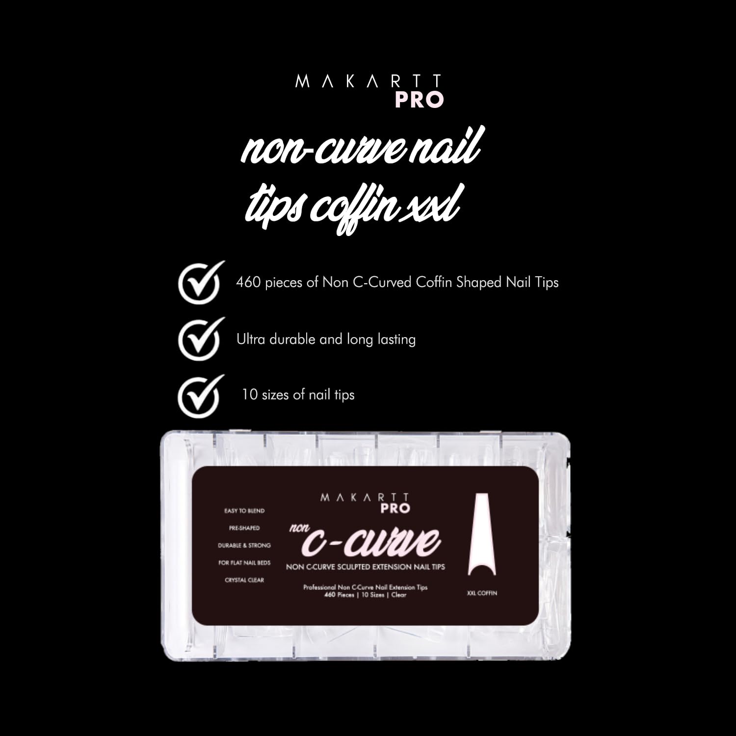 Makartt Pro Non C-Curve Half Cover Nail Tips 460PCS Clear Coffin Shape Nail Extension Tips, Durable Plastic False Nail Tips for Flat Nail Beds,Perfect for for Beginners and Professionals