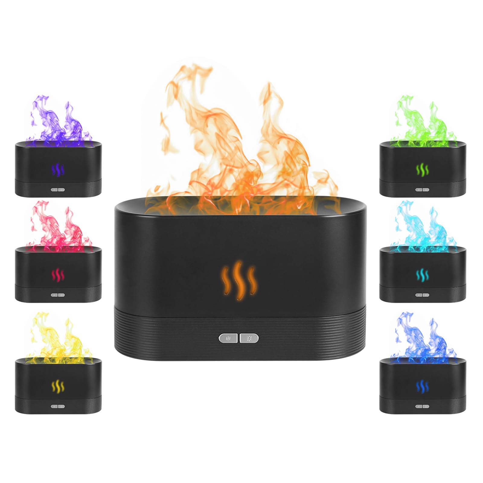 KOCASO Flame Air Humidifier, 7 Colors Essential Oil Aroma Diffuser, Ultrasonic Flame Air Diffuser, 180ml Fire Mist Humidifier with 2 Brightness & No Water Auto-Off for Room Bedroom Office Home, Black