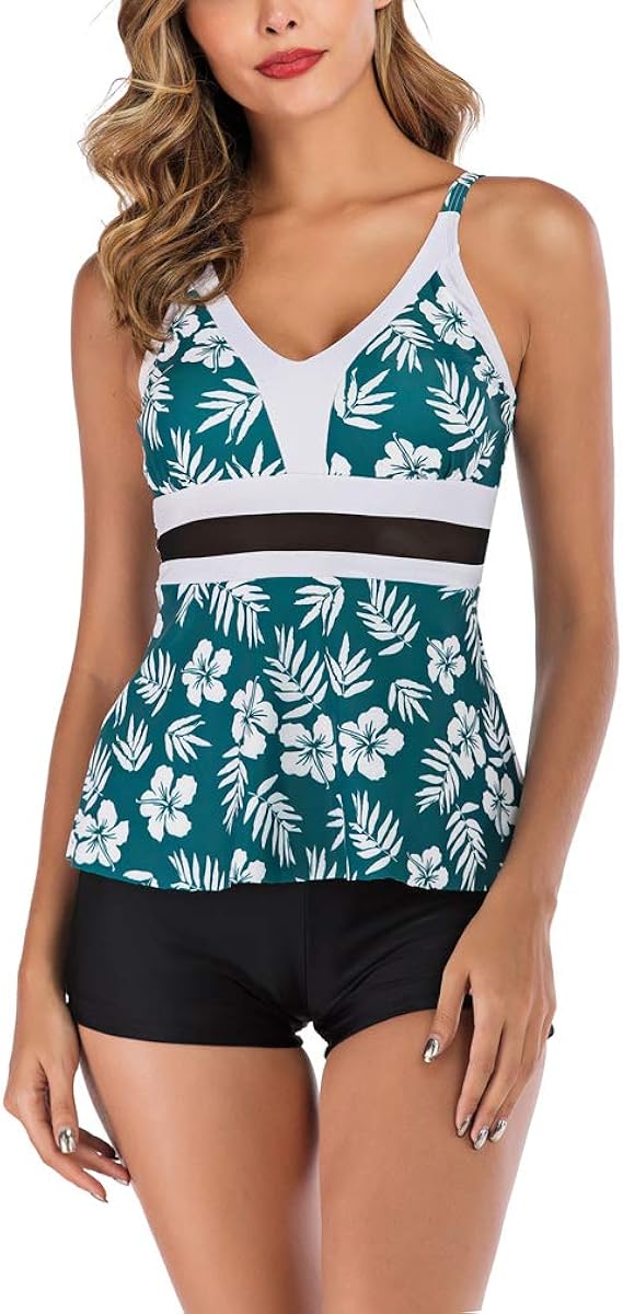 Lukitty Women Floral Tankini Swimwear Tank Top Printed Swimsuit with