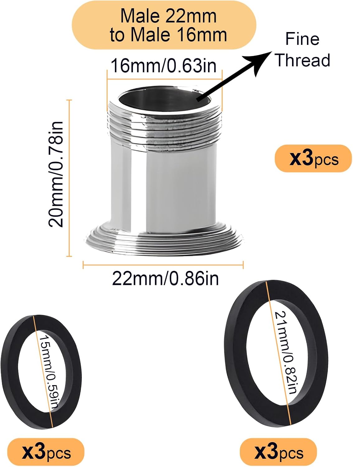 3 pcs Faucet Adapter Kit, CNYMANY Heighten Male M22mm to Male M16mm-H Fine Thread Kitchen Aerator Adapter Set Sink Faucet Adapter Connecting Garden Hose Water Filter Standard Hose via Diverter