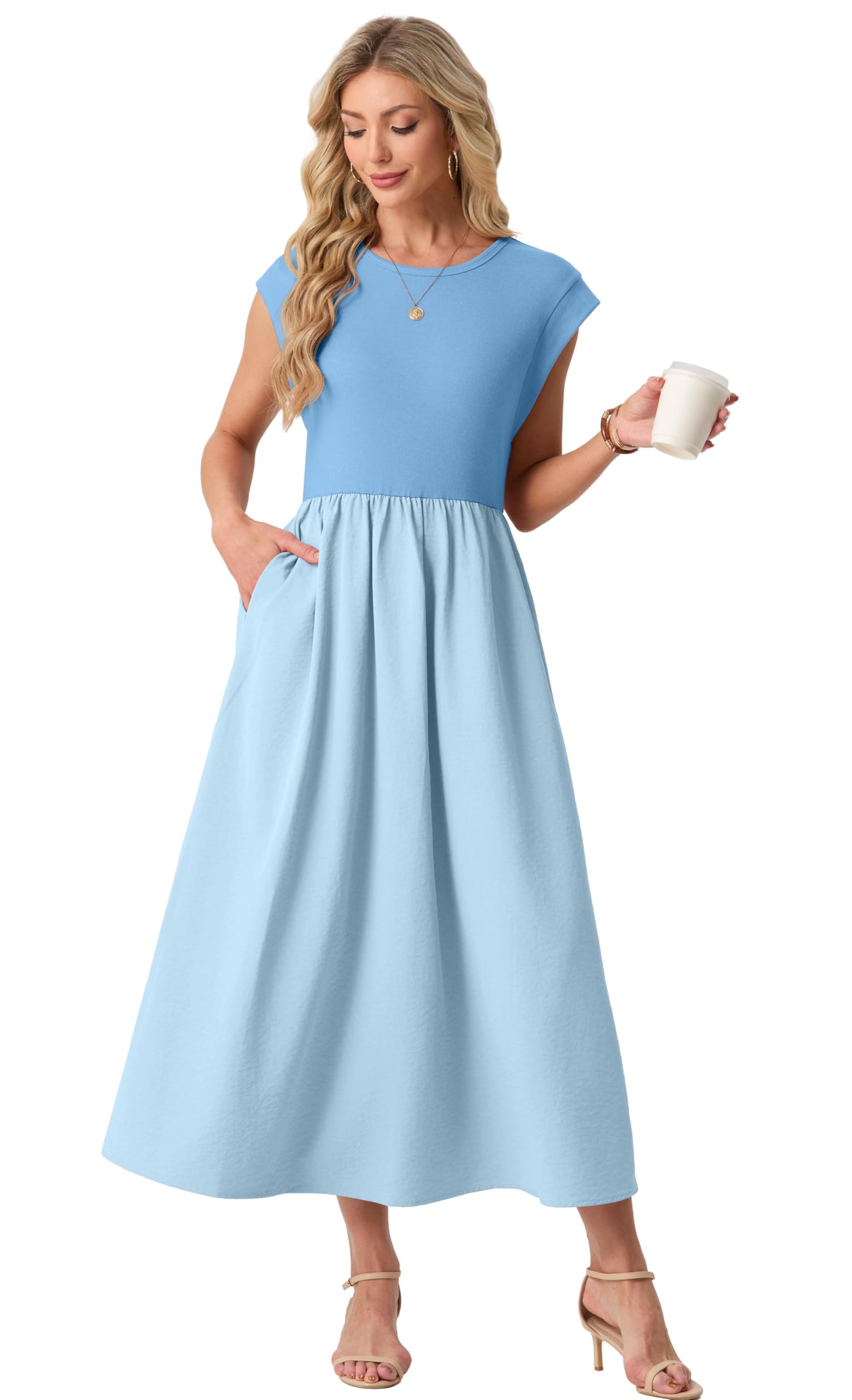 GRECERELLE Letnie sukienki dla kobiet UK Cap Sleeve damskie sukienki maxi elegancka sukienka midi o linii A Casual długie sukienki z kieszeniami na święta i do noszenia na co dzień