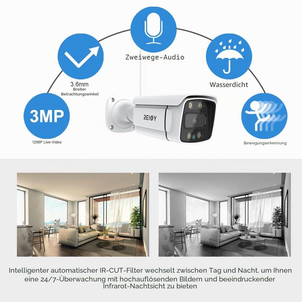 REIGY 3MP WLAN Überwachungskamera Set Aussen mit Flutlicht, 10CH Funk NVR Überwachungssystem +4x1296P Kamera Drahtlos, Zwei-Wege-Audio Bewegungserkennung Farbige Nachtsicht Keine Festplatte