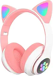 Fone de Ouvido Infantil Bluetooth Orelha Gato com Patas Led Para Crianças (Rosa)