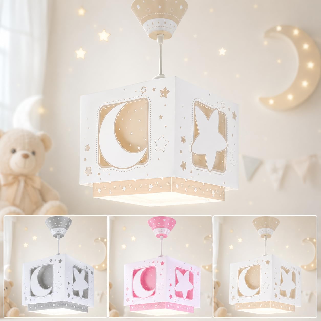 Lampada a sospensione per bambini Dalber Moonlight, luna e stelle, grigio chiaro di luna 63232ME, lampade per bambini, bambine e neonati