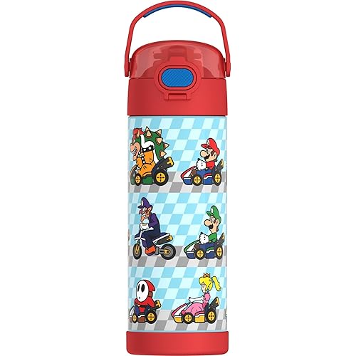 THERMOS FUNTAINER 16 Ounce Stainless Steel Vacuum Insulated Bottle with Wide Spout Lid, Mario