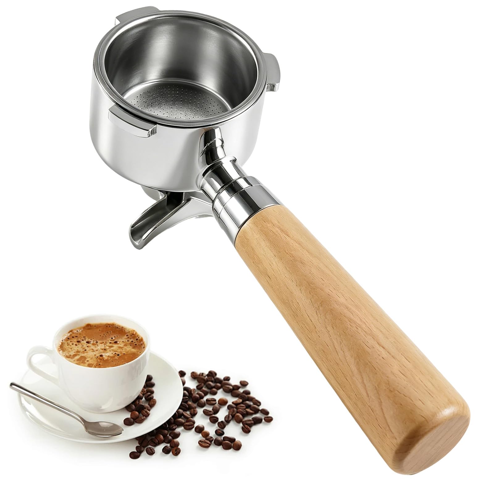 Espresso - Filtro portafiltro de doble caño (3 orejas, mango ergonómico de madera premium, incluye cesta sin presión, portafiltro de 51 mm, para DeLonghi Dedica EC680 EC685 y Smeg)