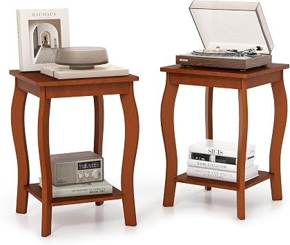 GOFLAME 2-Tier Square End Table Set of 2, Mid-Century Modern Sofa Side Table with Storage Shelf, Solid Wood Legs, Compact Accent Table, Nightstand for Living Room, Bedroom, Small Space, Walnut