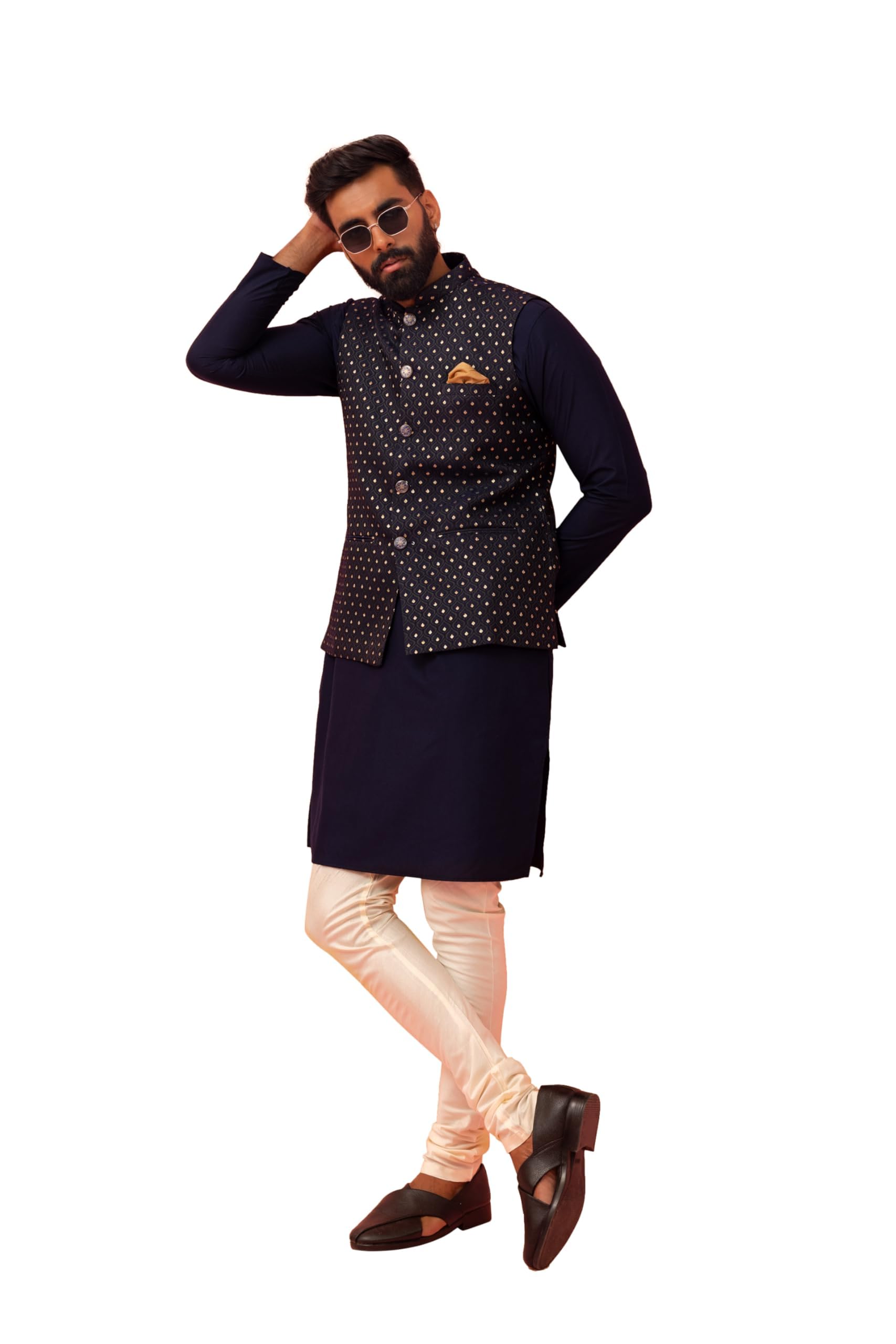 kisah Men's Kurta Jacket Churidar Set, Navy Blue Cotton Blend, Woven Design Regular Fit Mandarin Collar Long Sleeves-picture-15