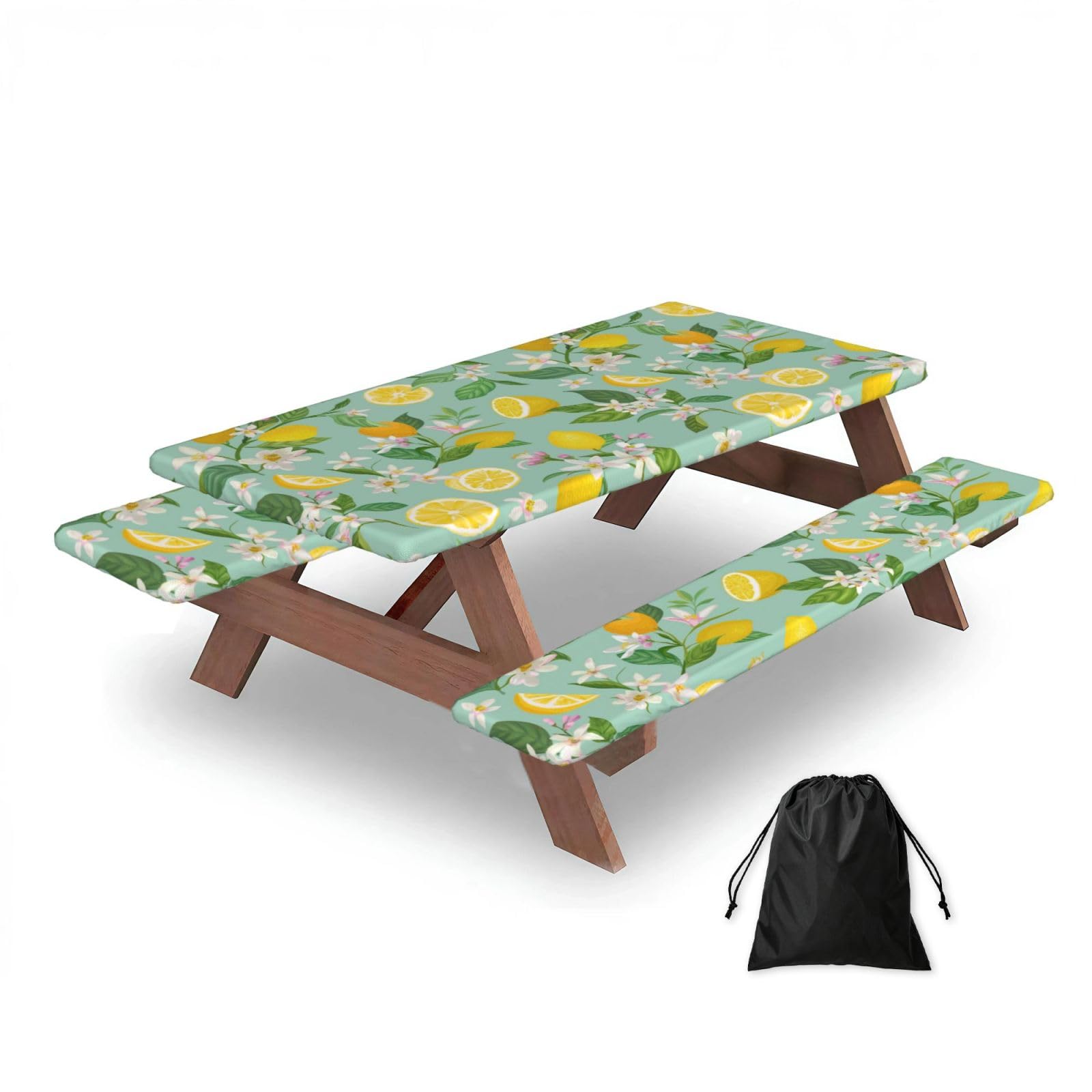 Dopklna As Picture Teal Lemon And Leaf Printed, Picnic Table Cover With Bench Covers -Waterproof Elastic Fitted Tablecloth For Garden Camping Patio 76X152cm