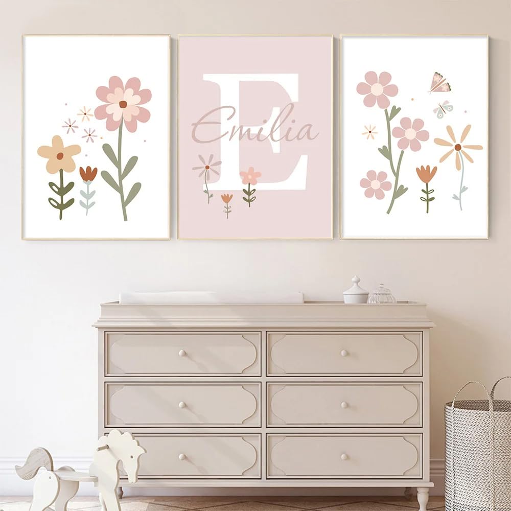 Generic 3 Laminas Personalizadas Nombre Bebé Rosa Cuadro Florales Niña Decoración Pared Dormitorio Niño Poster Habitacion Infantil Regalo Lienzo 30 x 40 cm Sin Marco