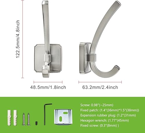 Miniatura 2 de TUNNY Ganchos para colgar en la pared con base cuadrada  Ganchos de níquel cepillado mate, paquete de 5 unidades para armario de zapatos de entrada,