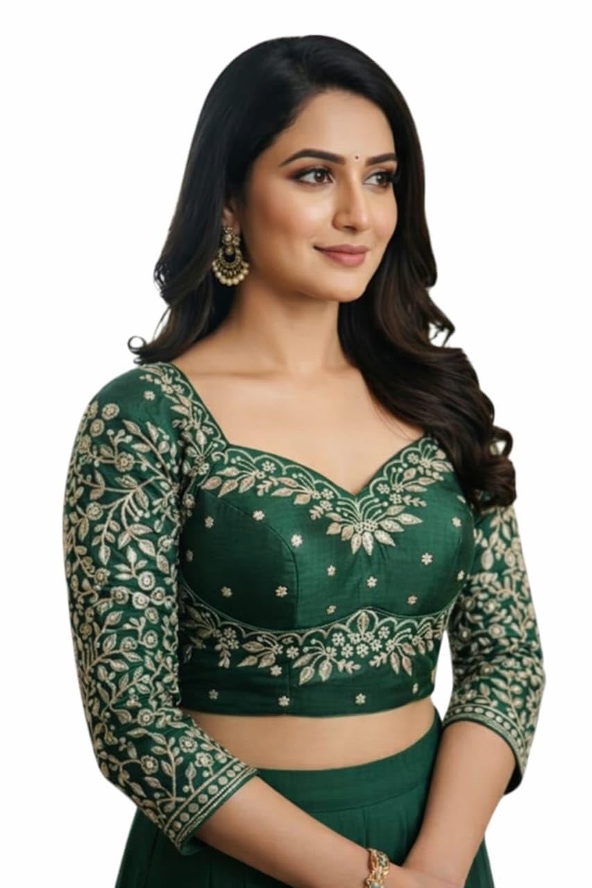 Women Dark Green Heavy Embroidered Silk Blouse with Long Sleeves, Deep Sweetheart Neck Front and Dori Tie Back Design for Saree and Ethnic Wear | Size 38 (Alterable 36–40)