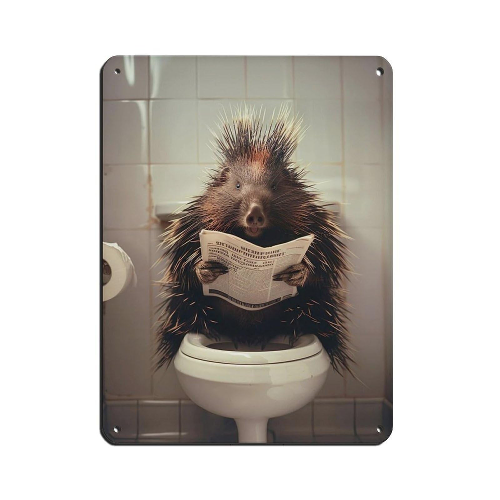 Porcupine Sitting on The Toilet Reading A Newspaper (9) Retro Poster Metal Tin Sign Chic Art Retro Iron Painting Bar People Cave Cafe Family Garage Poster Wall Decoration 12x16inch(30x40cm)
