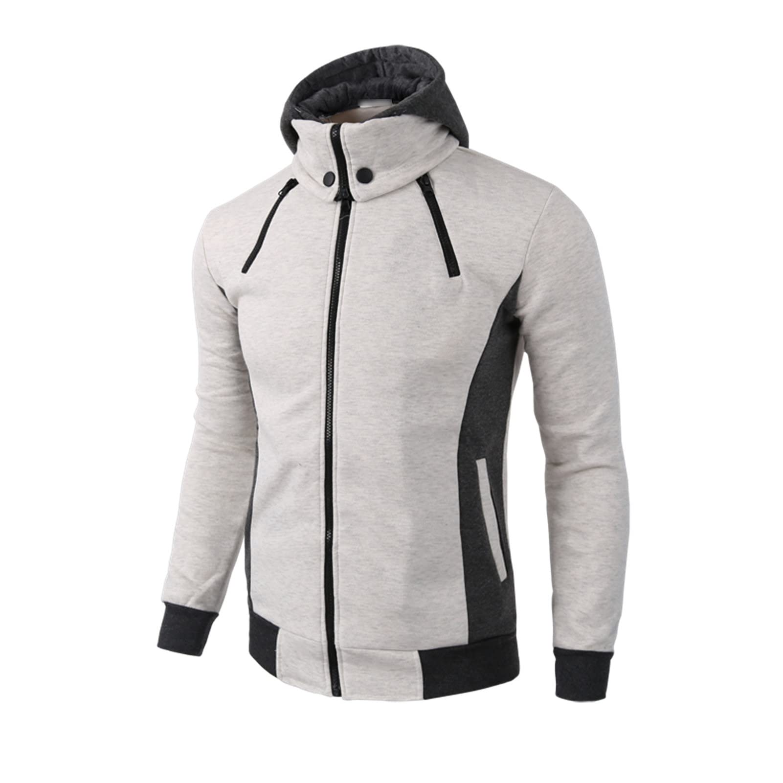 Maiyifu-GJ Men's Double Zipper Turtleneck Fleece Hoodie Lightweight Zip Up Hooded Jacket Long Sleeve Sweatshirt With Pocket (Light White,Large)
