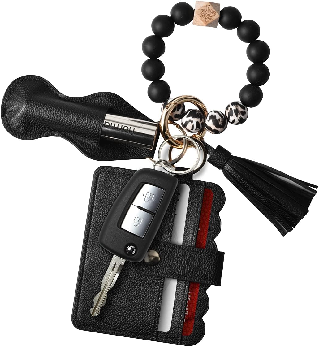 Women Wristlet Bracelet Keychain Wallet,Silicone Beaded Bangle Keyring Tassel
