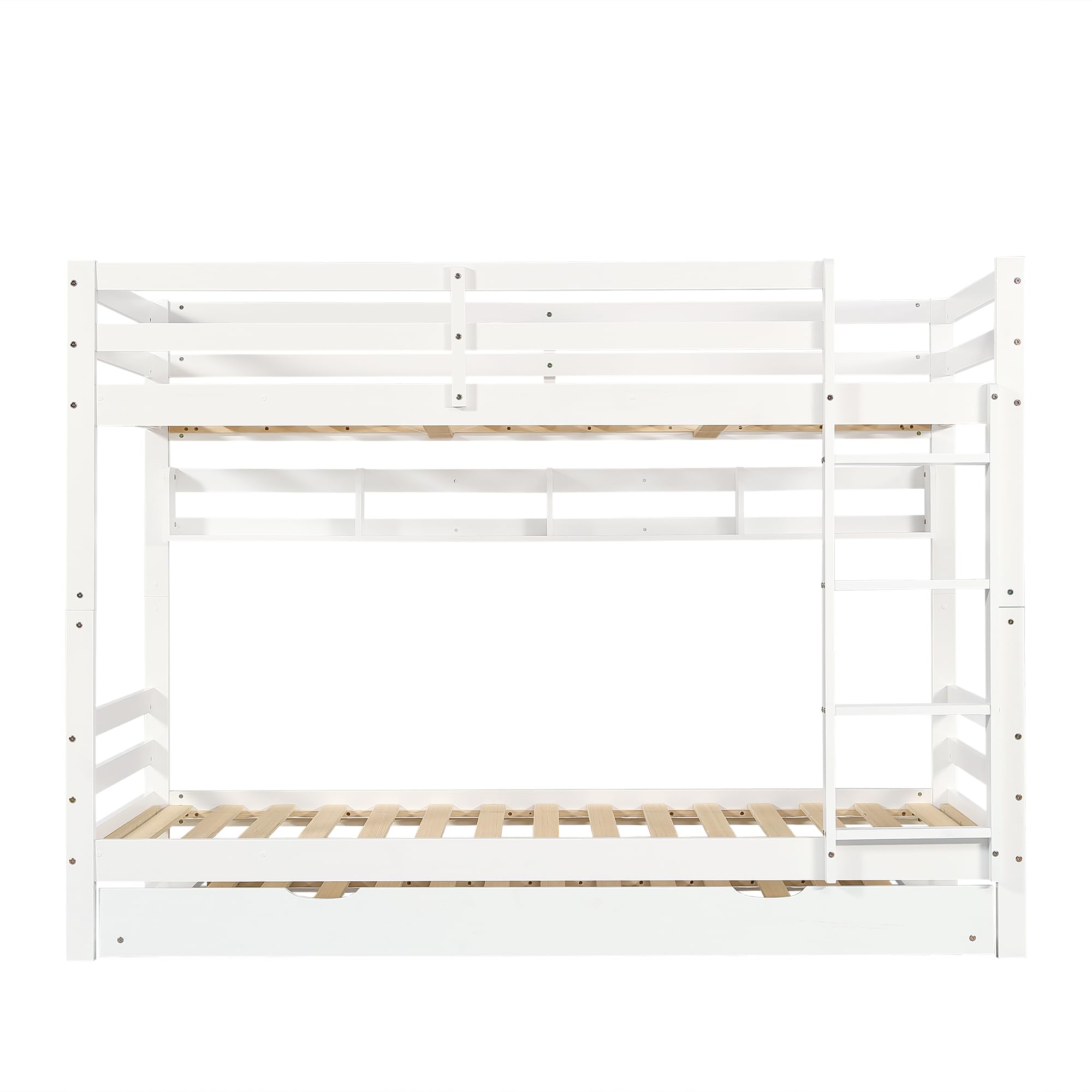 Litera de 90 x 200 cm, cama nido con ruedas, protección anticaídas, cama para niños, convertible en 3 camas individuales con barandilla de seguridad y armario para escaleras, pino + MDF + madera