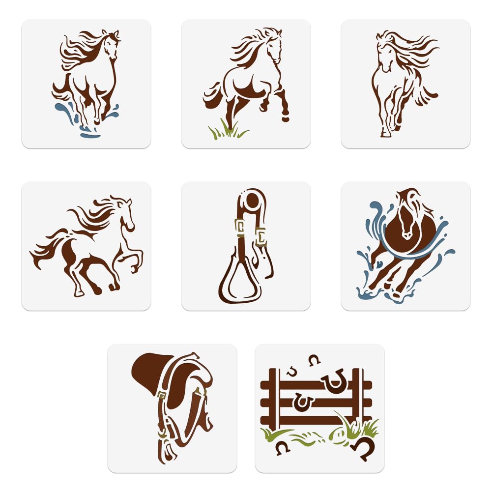 NBEADS 8pcs Horse Elements PET Painting Stencil, 15x15cm Reusable DIY Art & Craft Stencils for Wood Fabric Paper Walls Canvas Furniture