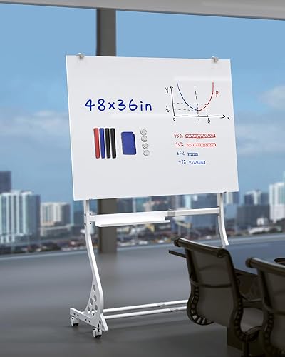Miniatura 2 de Pizarra blanca móvil de cristal, 24 x 36 pulgadas, altura ajustable, pizarra de borrado en seco portátil grande con soporte y ruedas para el hogar,