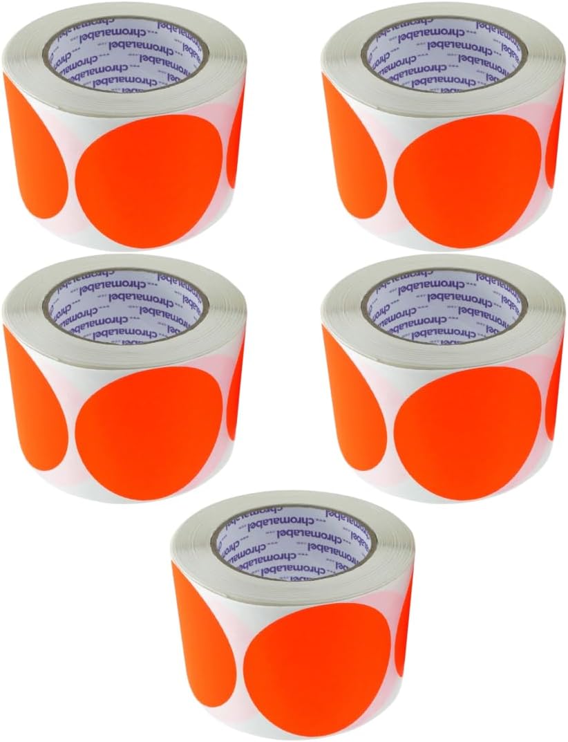 ChromaLabel 3 Inch Removable Round Sticker Labels, Easy to Write On Labels - 500 Sticky Dots per Roll, Matte Finish Fluorescent Green, Fluorescent Yellow, Fluorescent Pink, and Red Dot Stickers