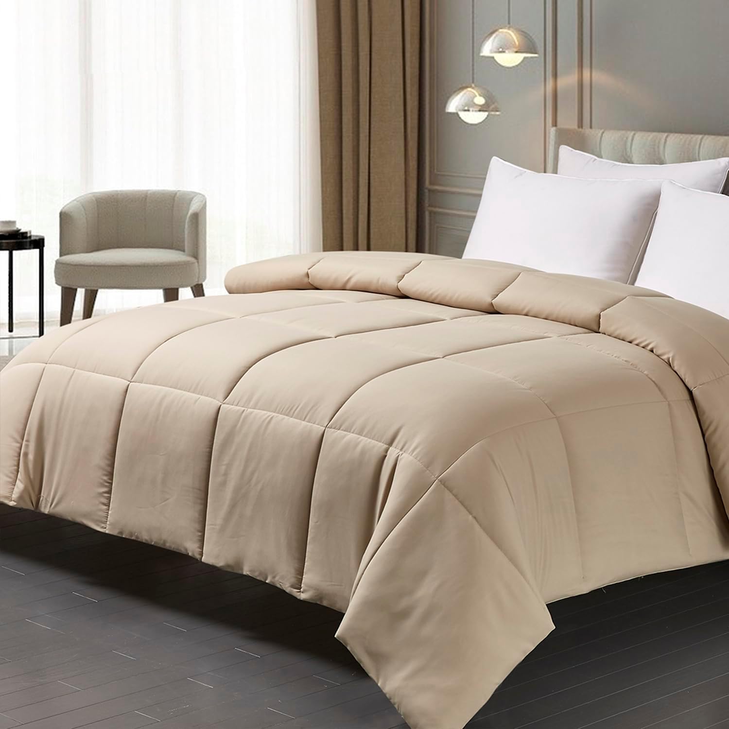 Blue Ridge Home Fashions All Season Comforter Full/Queen Size, GentleSoft Down Alternative Duvet Insert, Breathable Quilt Bed Comforter for Adult/Students Machine Washable Blanket, Khaki